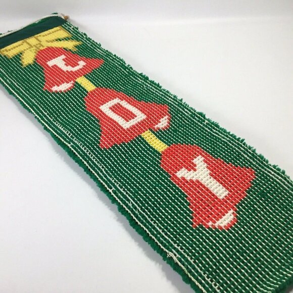 Vtg Latch Hook JOY Wall Hanging Christmas Bells Bell Pull Finished Completed Rug - Picture 6 of 7